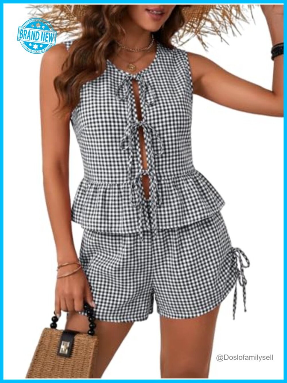 Women's 2 Piece Short Set Sleeveless Tie Front Top Gingham Shorts Summer Outfits